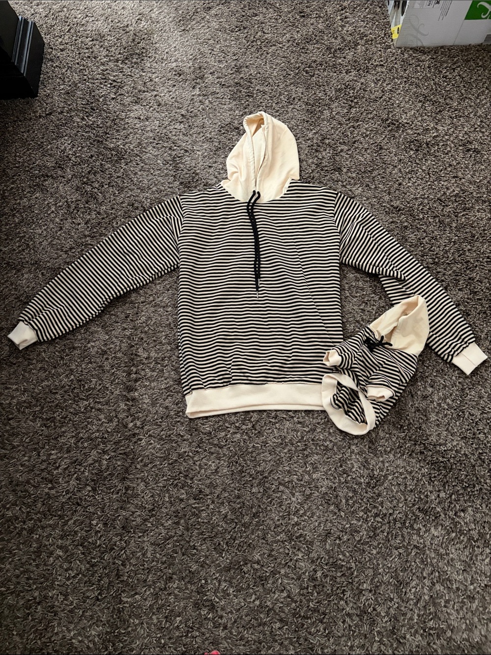 Womens Striped Hooded Sweater - Black and Cream